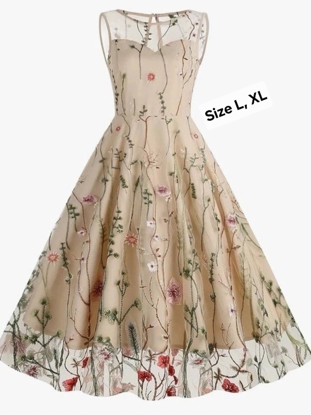 Embroidered Floral Fit-and-Flare Tulle Midi Dress